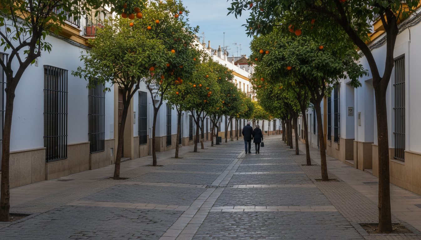 Narrow cobblestone street in Sevilles Santa Cruz neighborhood, orange trees lining the path, white-w