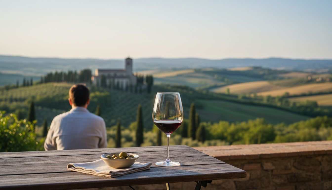 Golden hour view from an Umbrian hilltop terrace, rolling hills with cypress trees, a glass of local