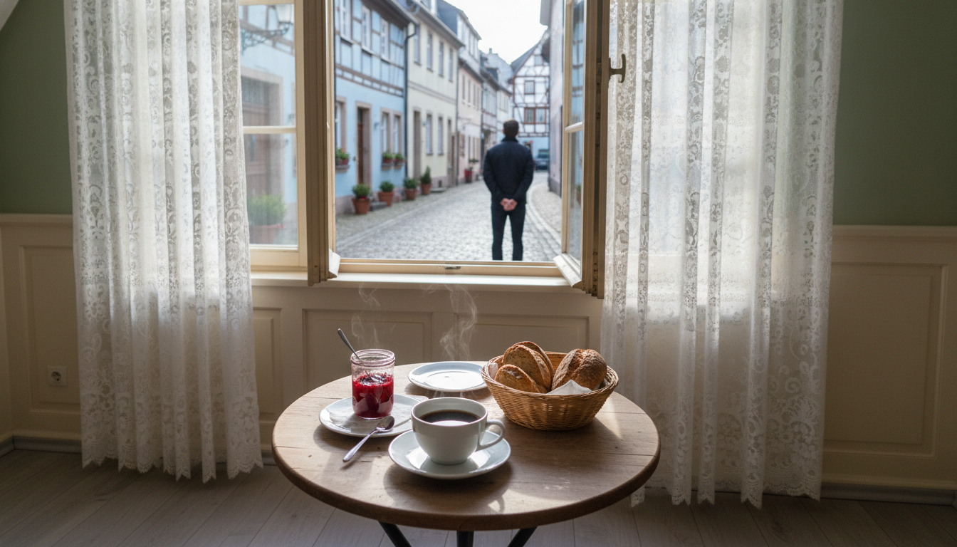 Morning light streaming through lace curtains in a traditional Frankfurt apartment, with a small bre