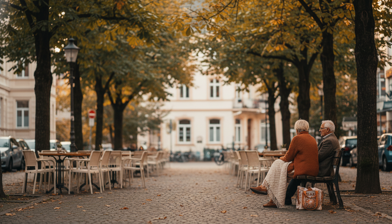 A quiet residential street in Frankfurts Nordend neighborhood, with mature chestnut trees, outdoor c