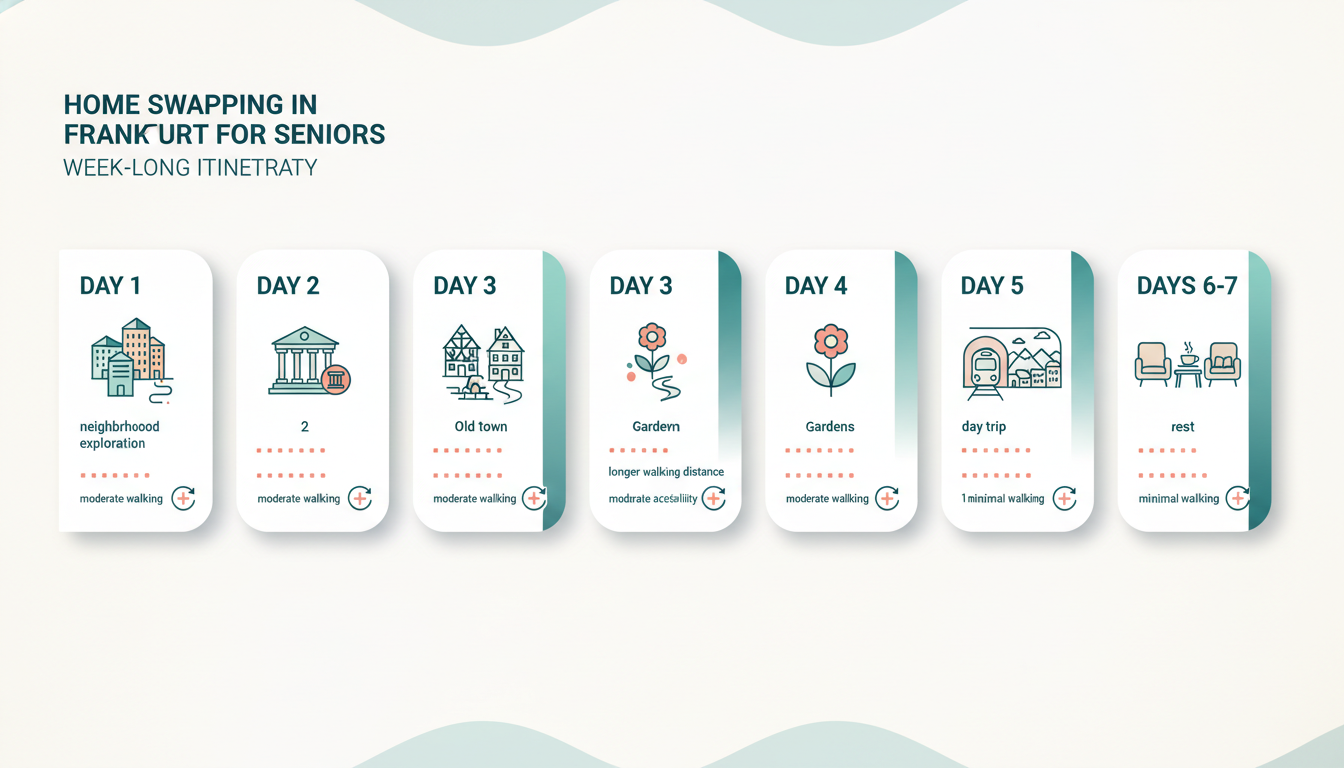 An infographic showing a week-long Frankfurt itinerary with icons for each day Day 1 neighborhood ex