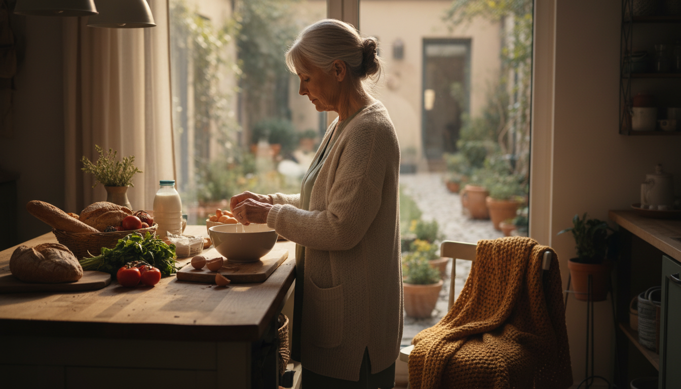 A cozy Frankfurt kitchen with morning light, a senior woman in a cardigan preparing breakfast, fresh