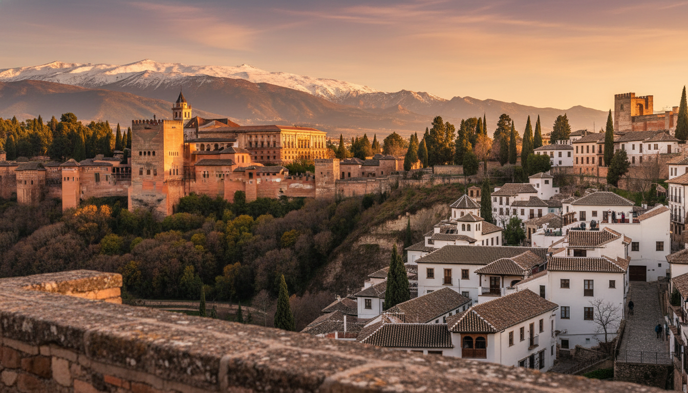 panoramic view of Granada at golden hour, showing the Alhambra palace on the left, the white buildin
