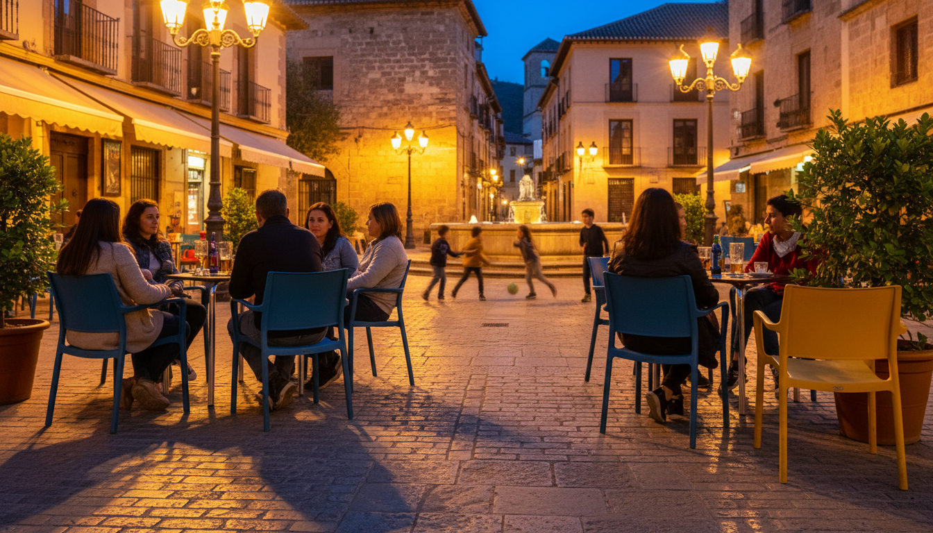 evening scene at Campo del Prncipe plaza in Realejo, with locals sitting at outdoor caf tables, chil