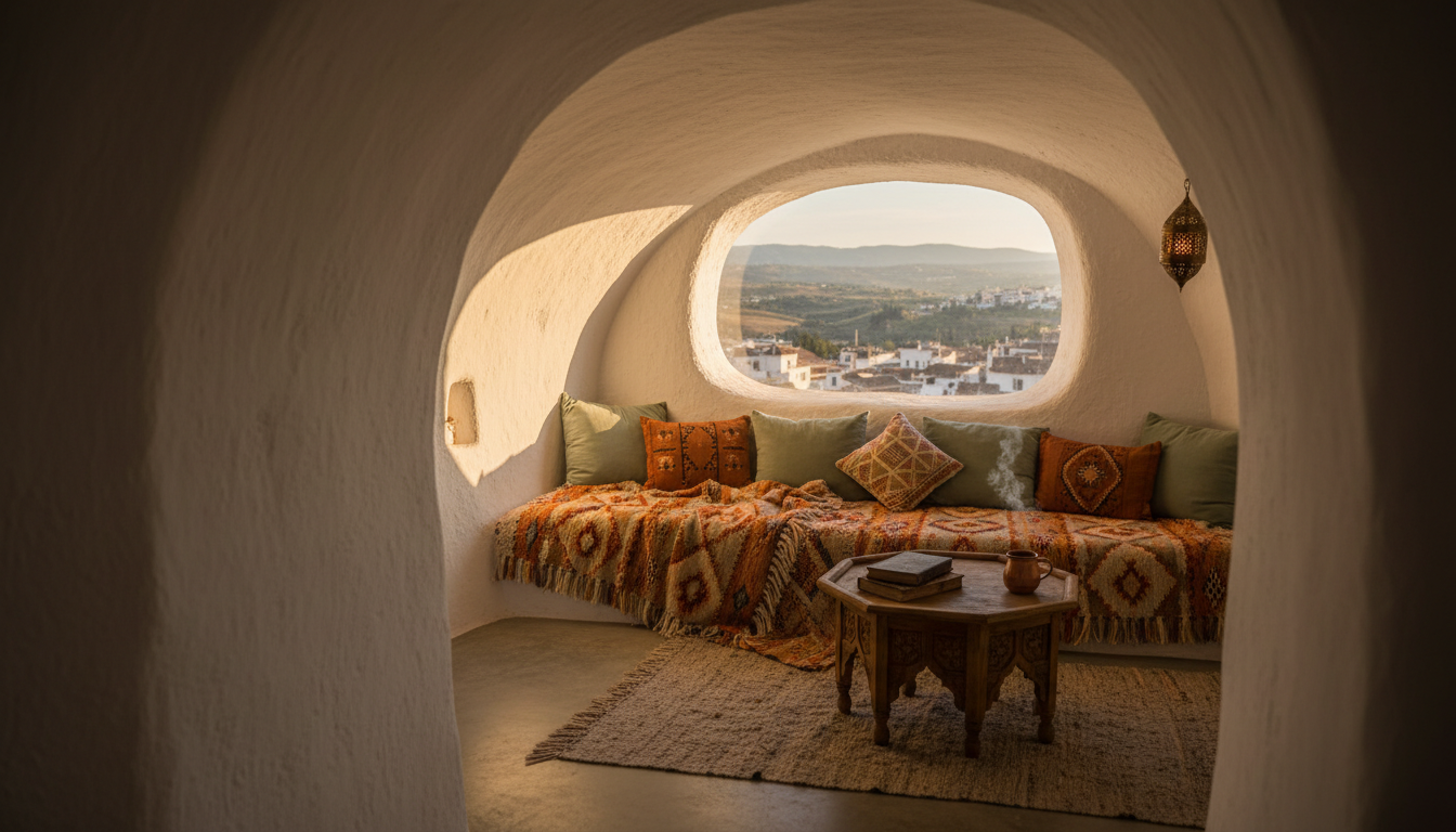 interior of a renovated cave house in Sacromonte, showing whitewashed curved walls, a cozy living sp