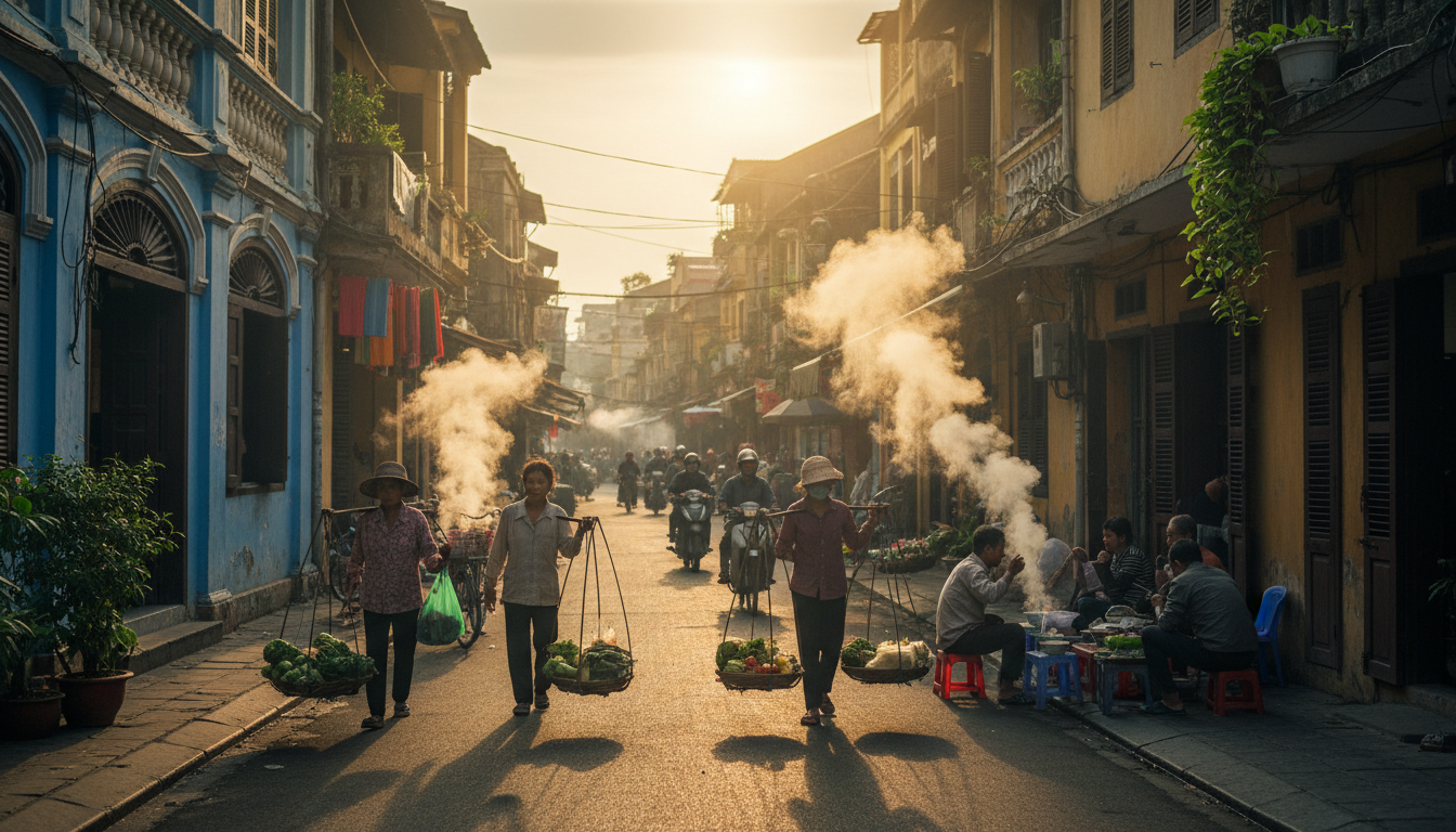 Early morning street scene in Hanois Old Quarter with vendors carrying traditional shoulder poles, s