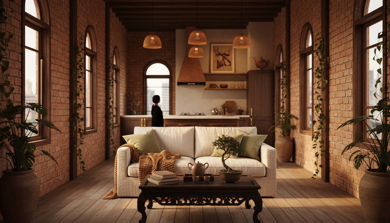 Interior of a renovated tube house apartment in Hanois Old Quarter with exposed brick walls, narrow