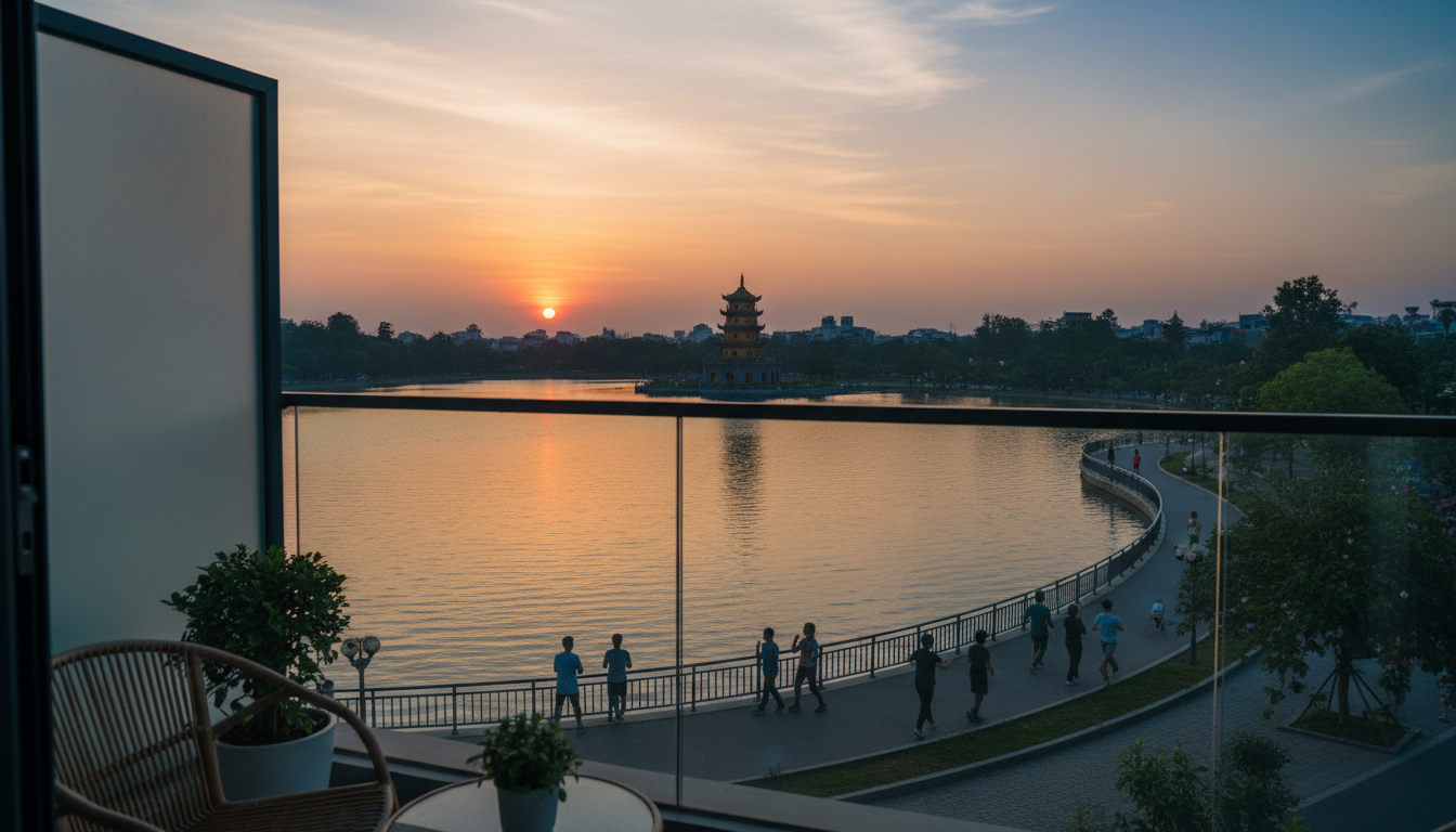 Sunset view over West Lake in Hanoi from a high-rise apartment balcony, with the golden Tran Quoc Pa