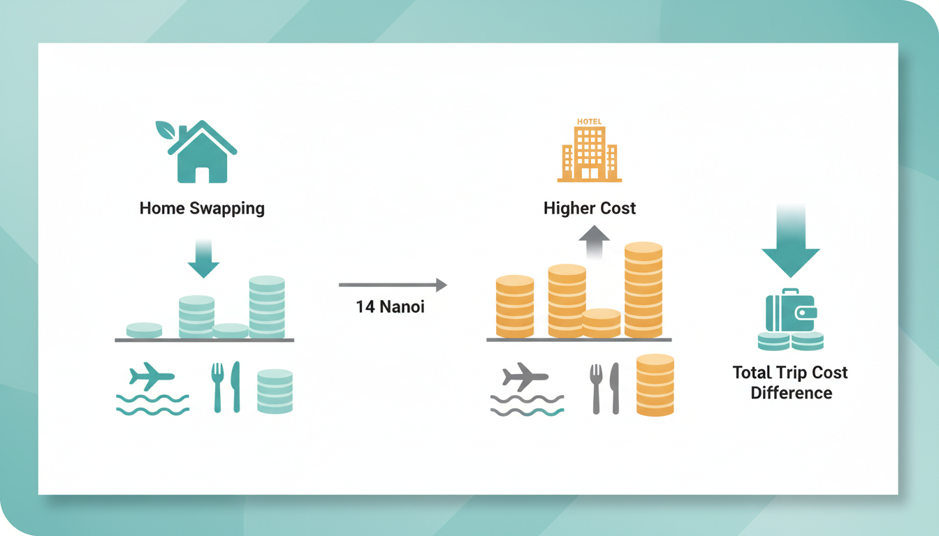 Comparison infographic showing Hanoi home swap costs vs hotel costs over a 14-night stay, breaking d