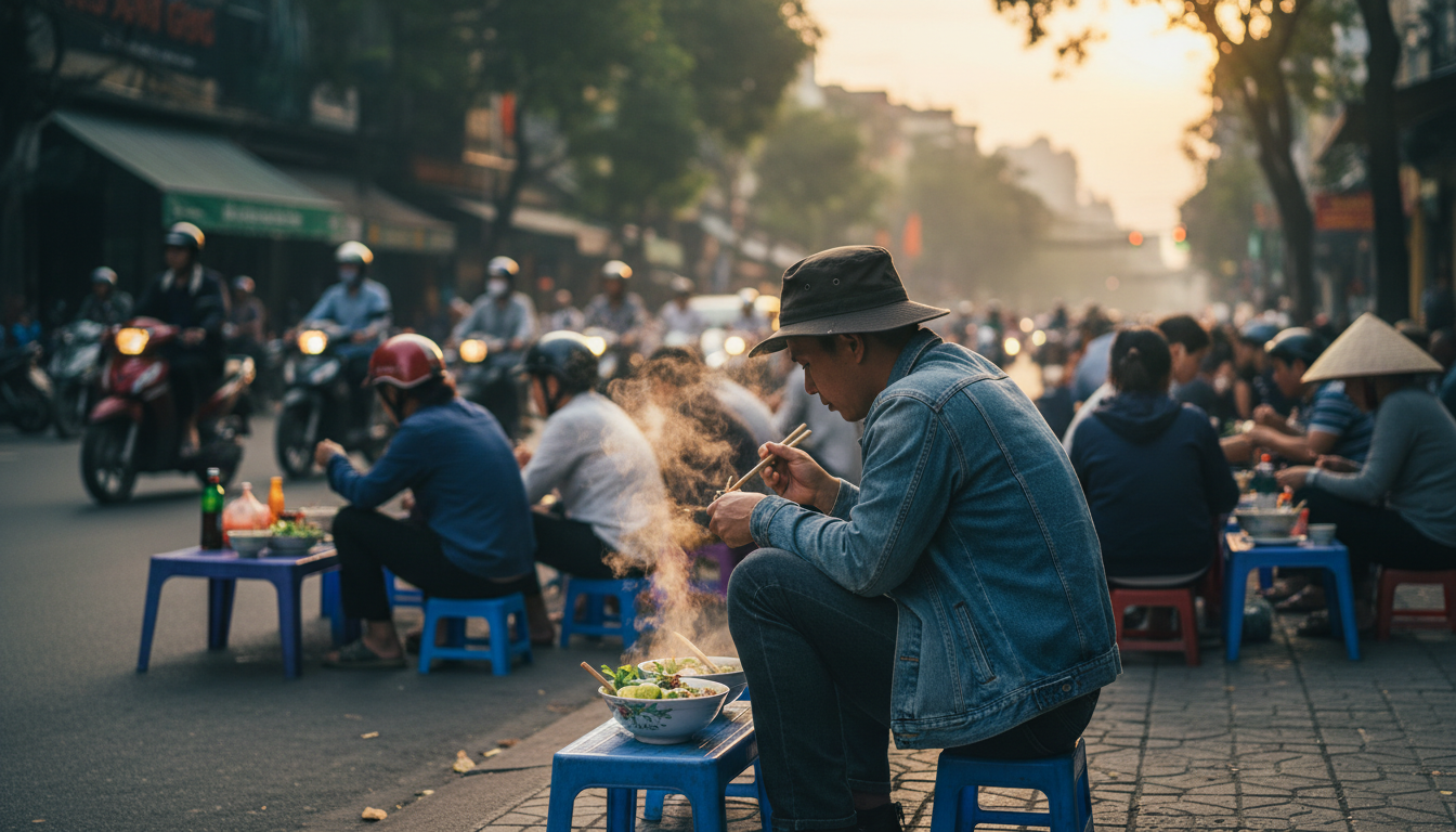 Morning scene of a home exchanger eating pho at a tiny plastic stool on a Hanoi sidewalk, surrounded