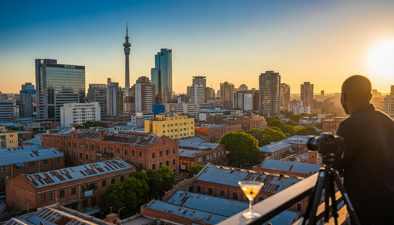 Johannesburg skyline at golden hour viewed from a rooftop in Maboneng, showing the contrast of indus