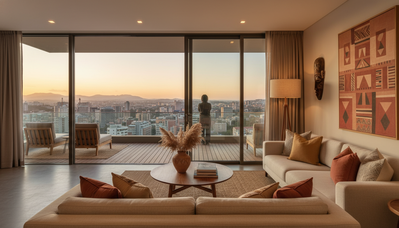 Modern apartment interior in Sandton with floor-to-ceiling windows overlooking the city, minimalist
