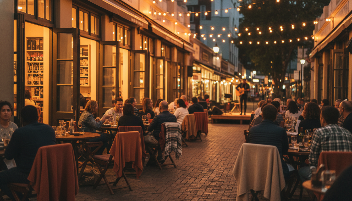 Evening scene on Seventh Street Melville with warm light spilling from restaurants, people gathered