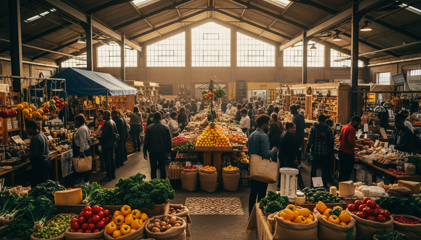 Saturday morning at Neighbourgoods Market in Braamfontein, showing crowds browsing food stalls under