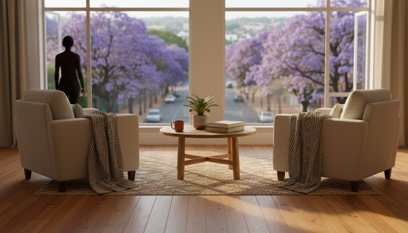 Elegant apartment interior in Johannesburgs Melville neighborhood with comfortable armchairs, warm w