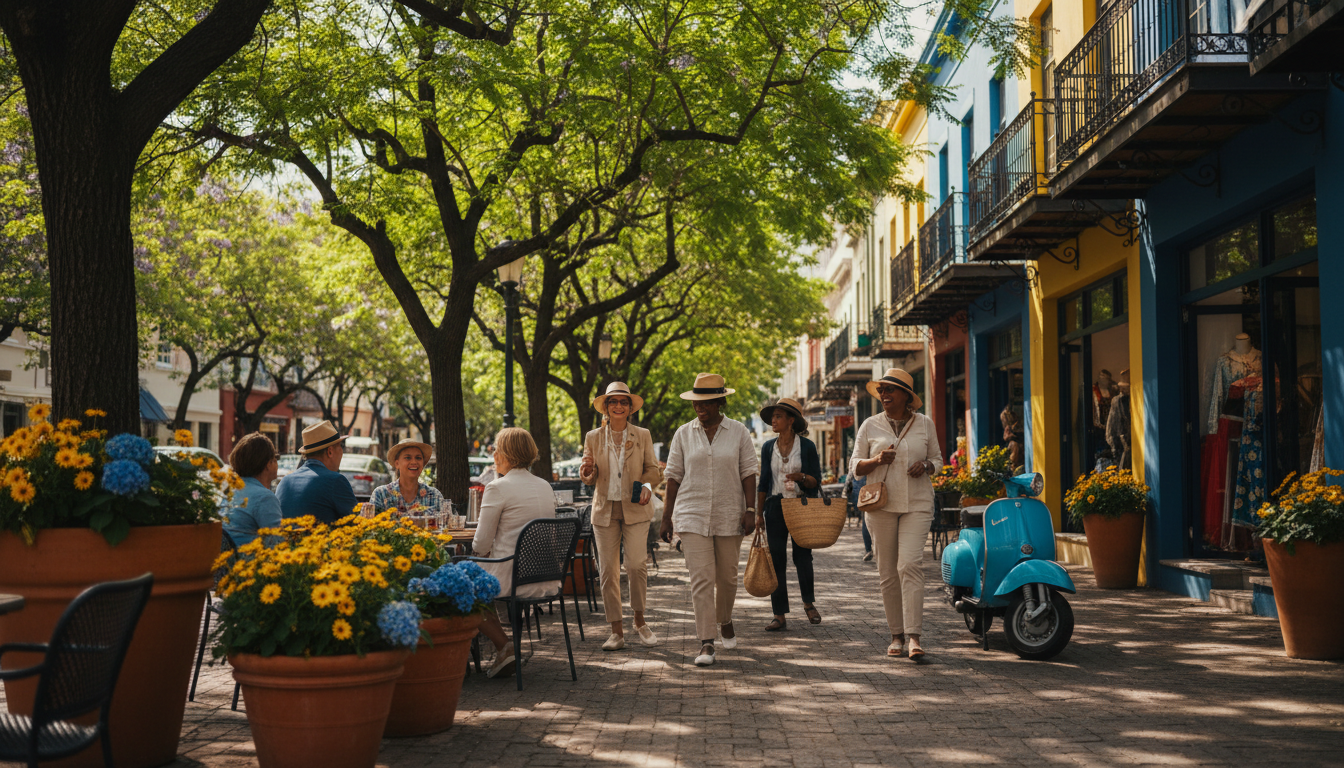 Tree-lined street in Rosebank with outdoor caf seating, mature trees providing shade, and well-dress