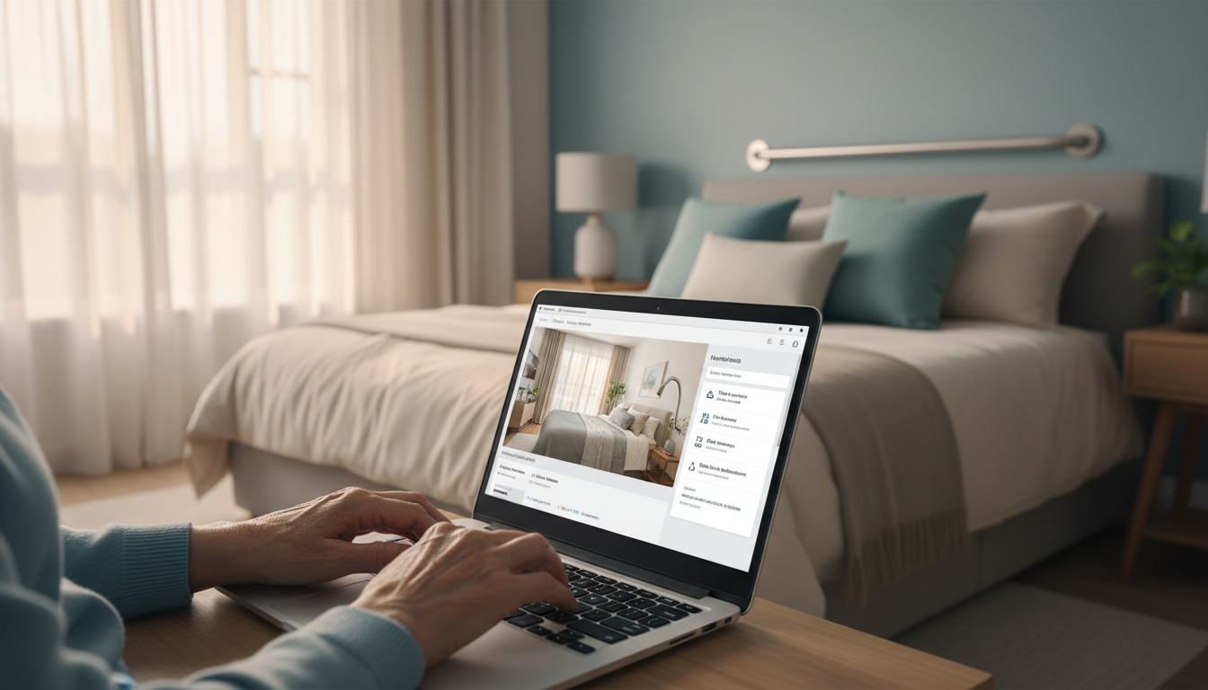 Laptop screen showing a home listing with accessibility details, comfortable bedroom with grab bars