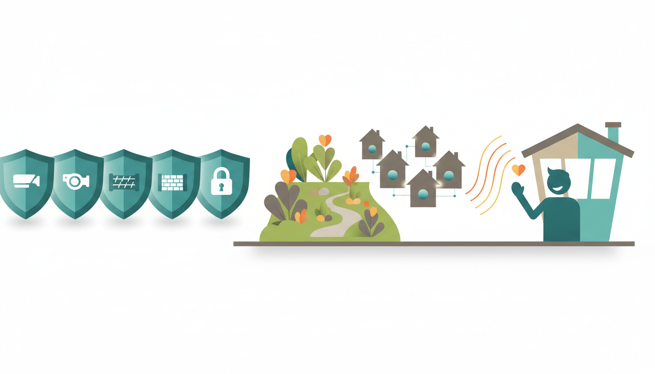 Secure residential street in Johannesburg with visible security features, well-maintained gardens, a