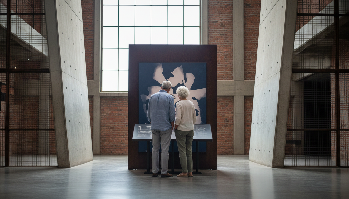 Senior couple standing thoughtfully in front of the Apartheid Museum, reading an exhibit panel, with