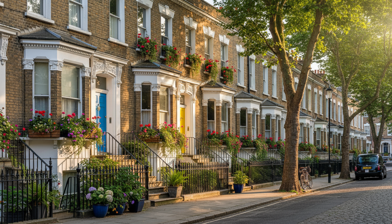 A charming Victorian terraced house in a leafy London street with colorful front doors and window bo