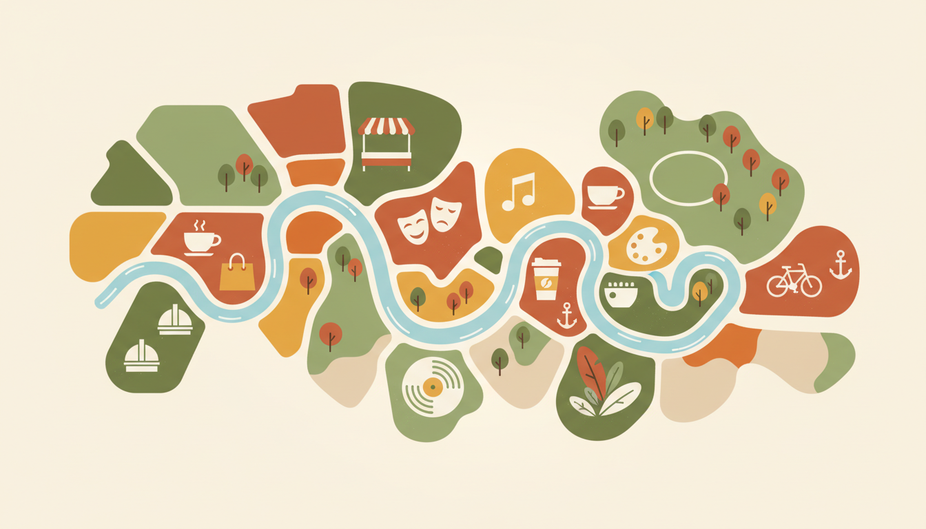 An illustrated map of London showing different neighborhoods with icons representing their character