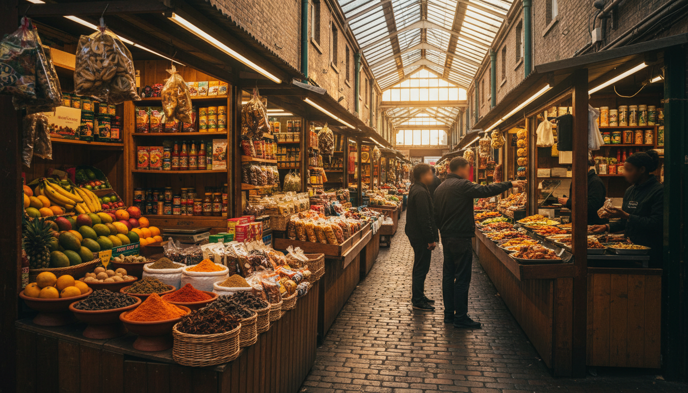 Brixton Market interior showing colorful stalls with Caribbean foods, spices, and vendors chatting w