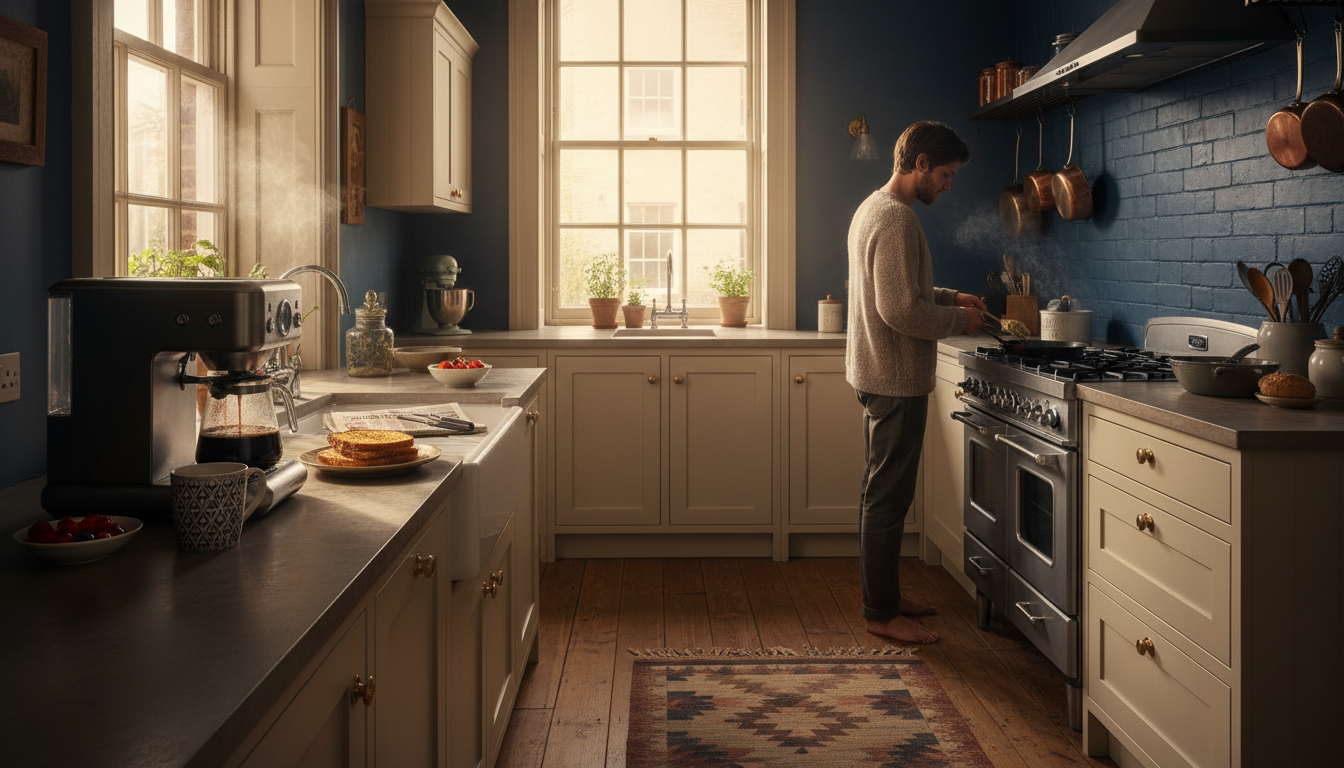 A cozy London kitchen with a person cooking breakfast, morning light coming through the window, coff