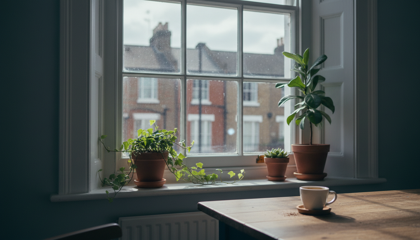 Morning light streaming through a Victorian sash window in a cozy London flat, espresso cup on a wor