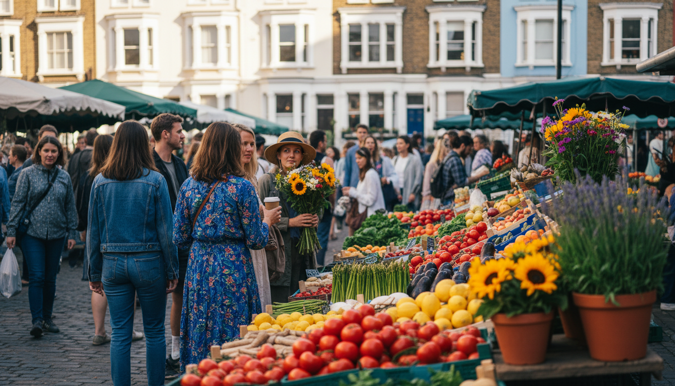 Bustling Broadway Market on a Saturday morning, vendors selling fresh produce and flowers, diverse c