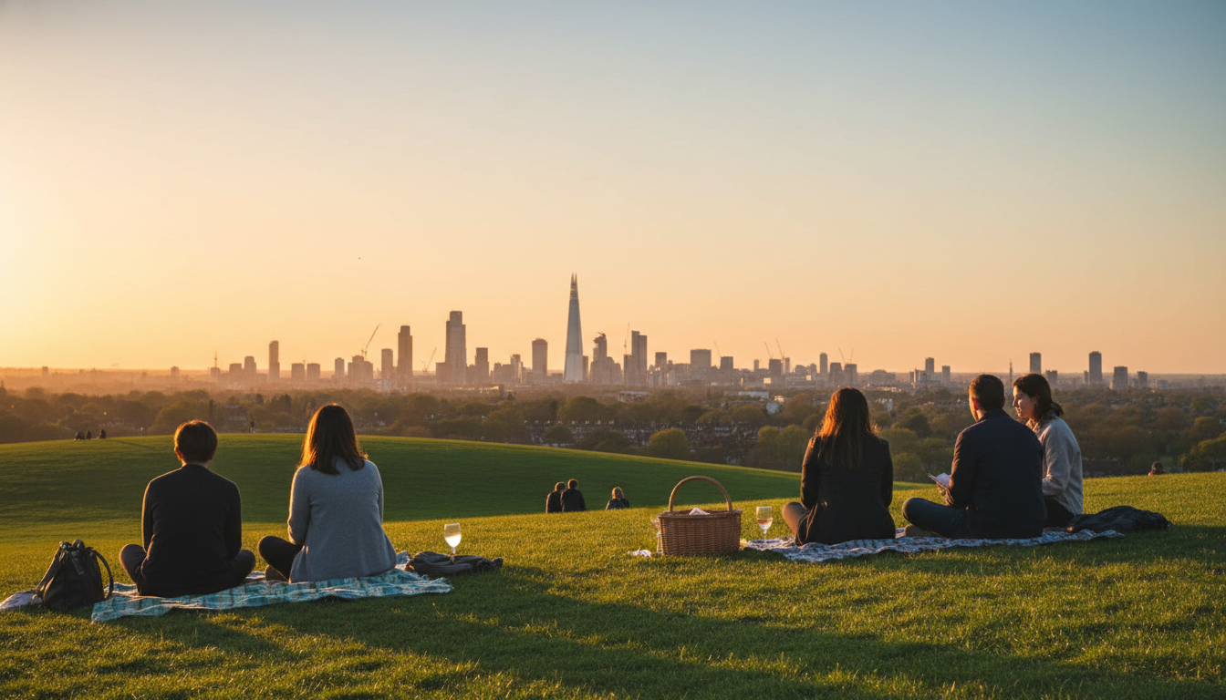 View from Primrose Hill at golden hour, London skyline in the distance with the Shard and BT Tower v