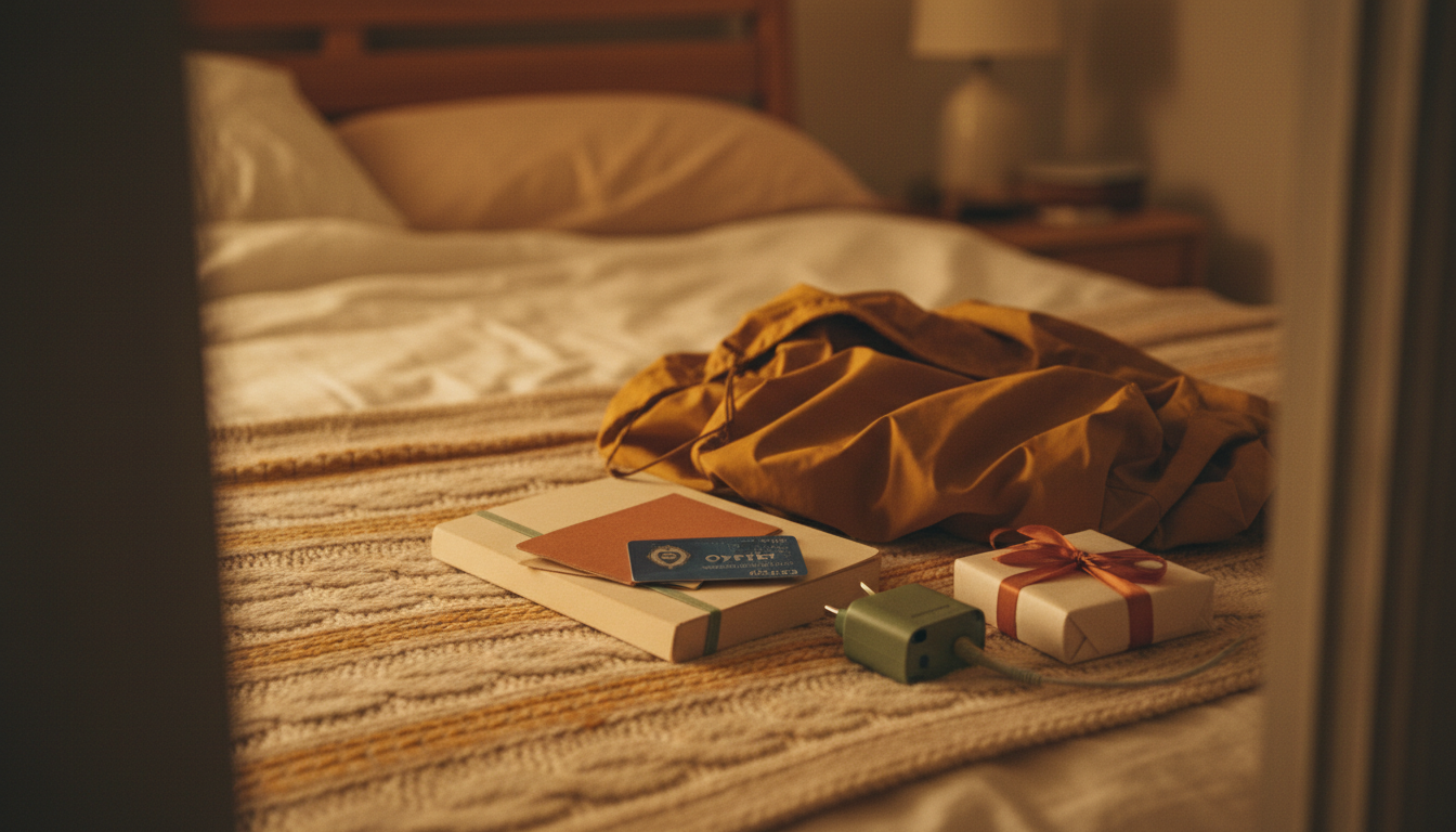 Flat lay of solo travel essentials on a bed UK power adapter, small wrapped gift, lightweight rain j