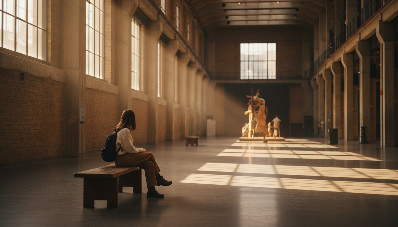 Solo traveler sitting on a bench inside the Tate Moderns Turbine Hall, vast industrial space with af