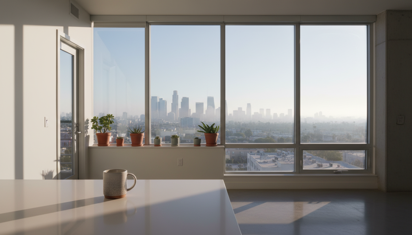 Morning light streaming through a modern Echo Park apartment with downtown LA skyline visible throug