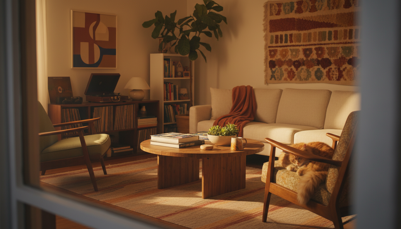 Cozy Silver Lake bungalow living room with mid-century modern furniture, record player, local art on