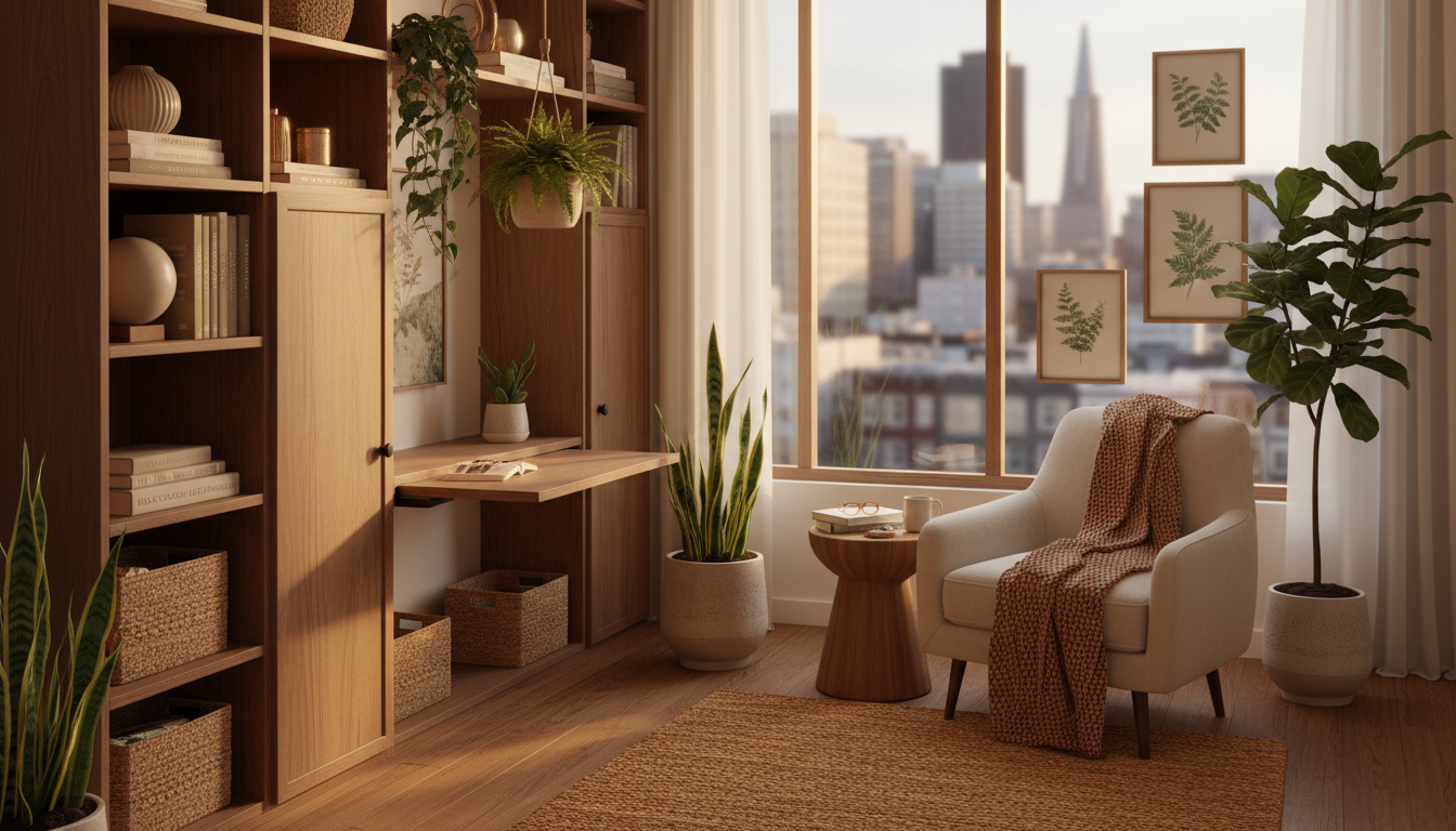 Small but stylish San Francisco studio apartment with clever storage solutions, city view from windo