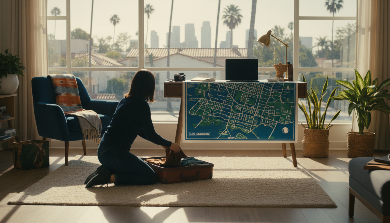 Solo traveler unpacking in a bright LA apartment, laptop on desk, local neighborhood map spread out,