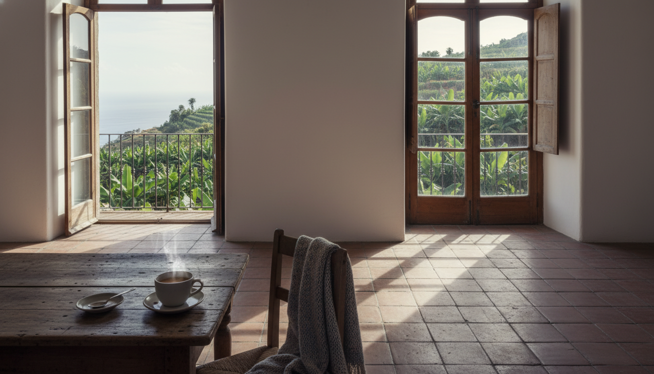 Morning light streaming through the windows of a traditional Madeiran quinta with terracotta tiles,