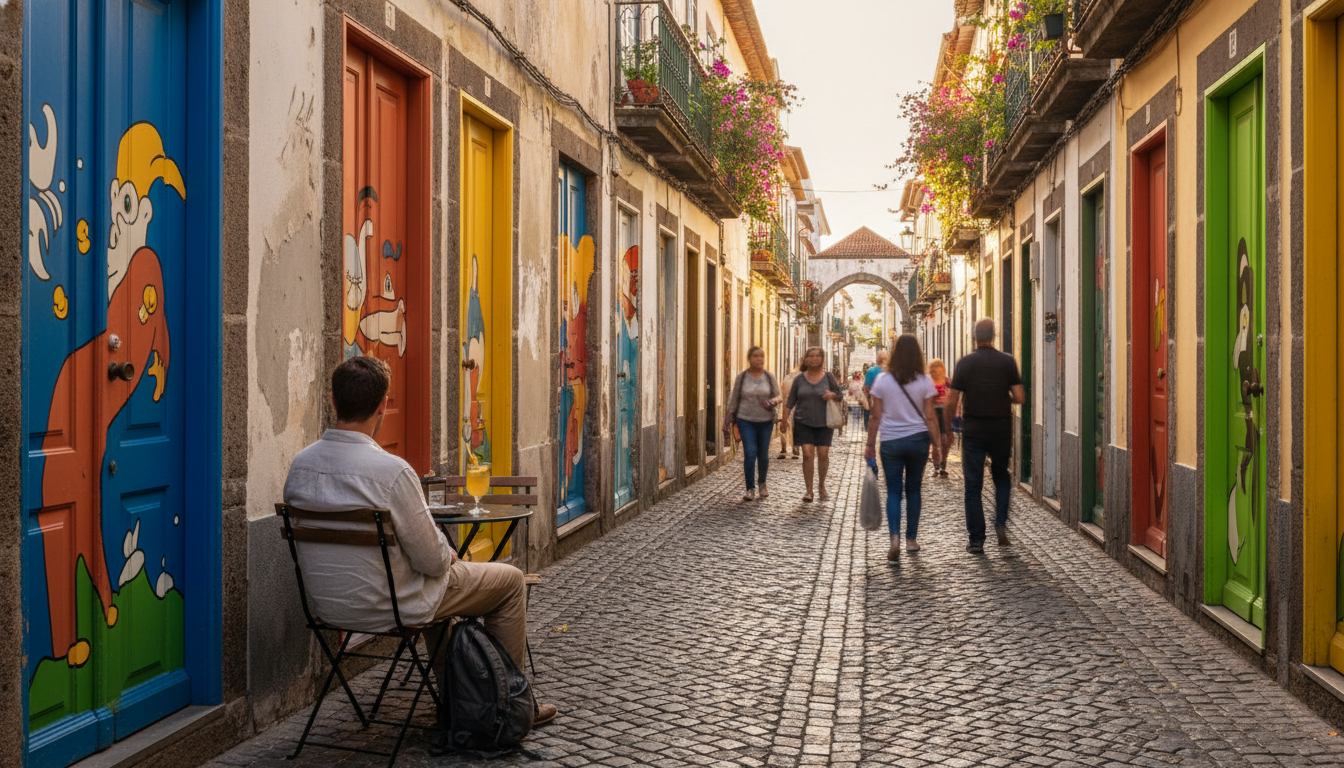 Narrow cobblestone street in Funchals Zona Velha at golden hour, colorful painted doors on both side