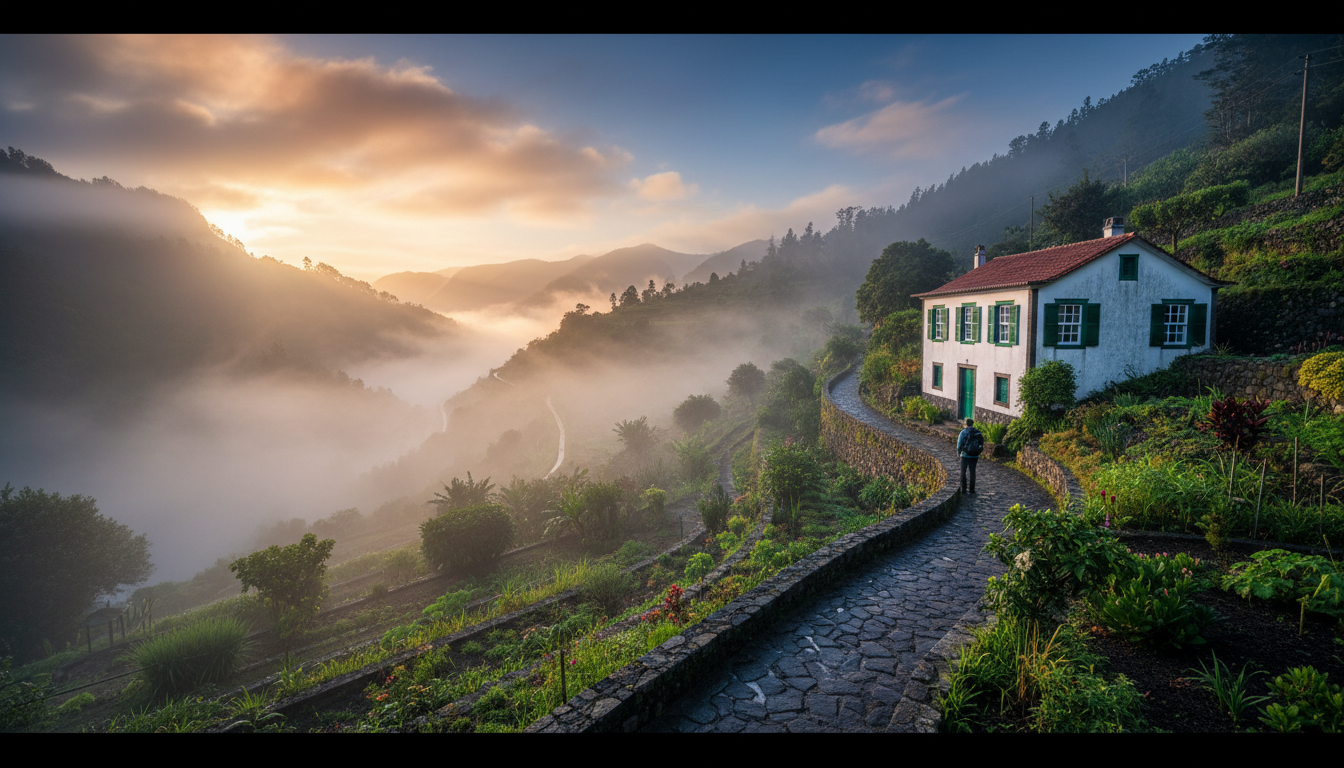 Early morning mist rolling through Montes terraced gardens, a stone pathway leading to a traditional