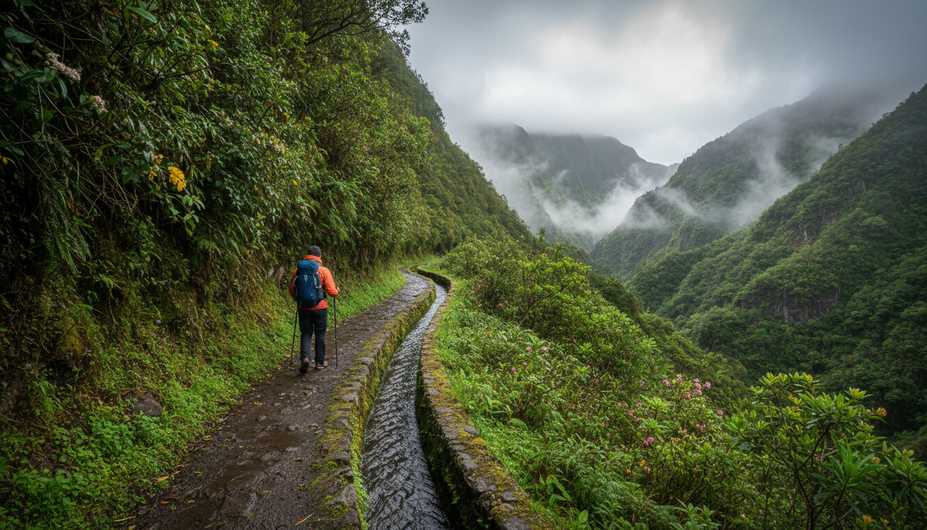 Solo hiker on a narrow levada path cut into a misty mountainside, lush green vegetation on both side