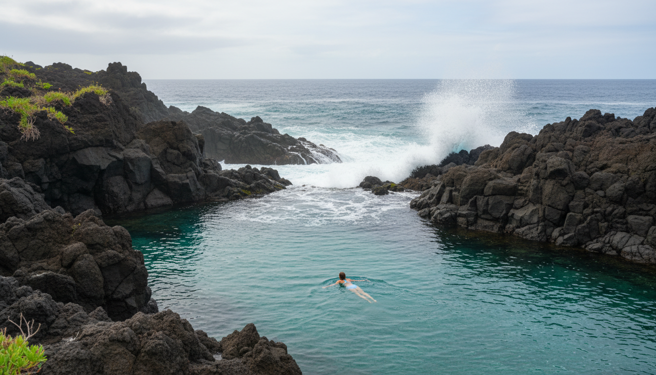 Natural volcanic swimming pools at Porto Moniz, black lava rocks forming natural barriers against At