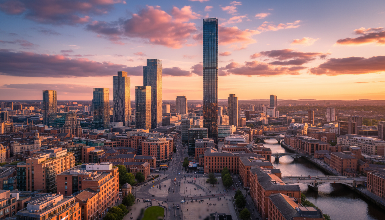 Aerial view of Manchesters skyline at golden hour, showing the mix of Victorian red-brick warehouses