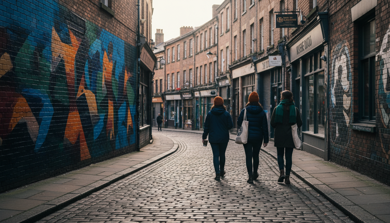 Narrow cobblestone street in Manchesters Northern Quarter, lined with independent shops and street a