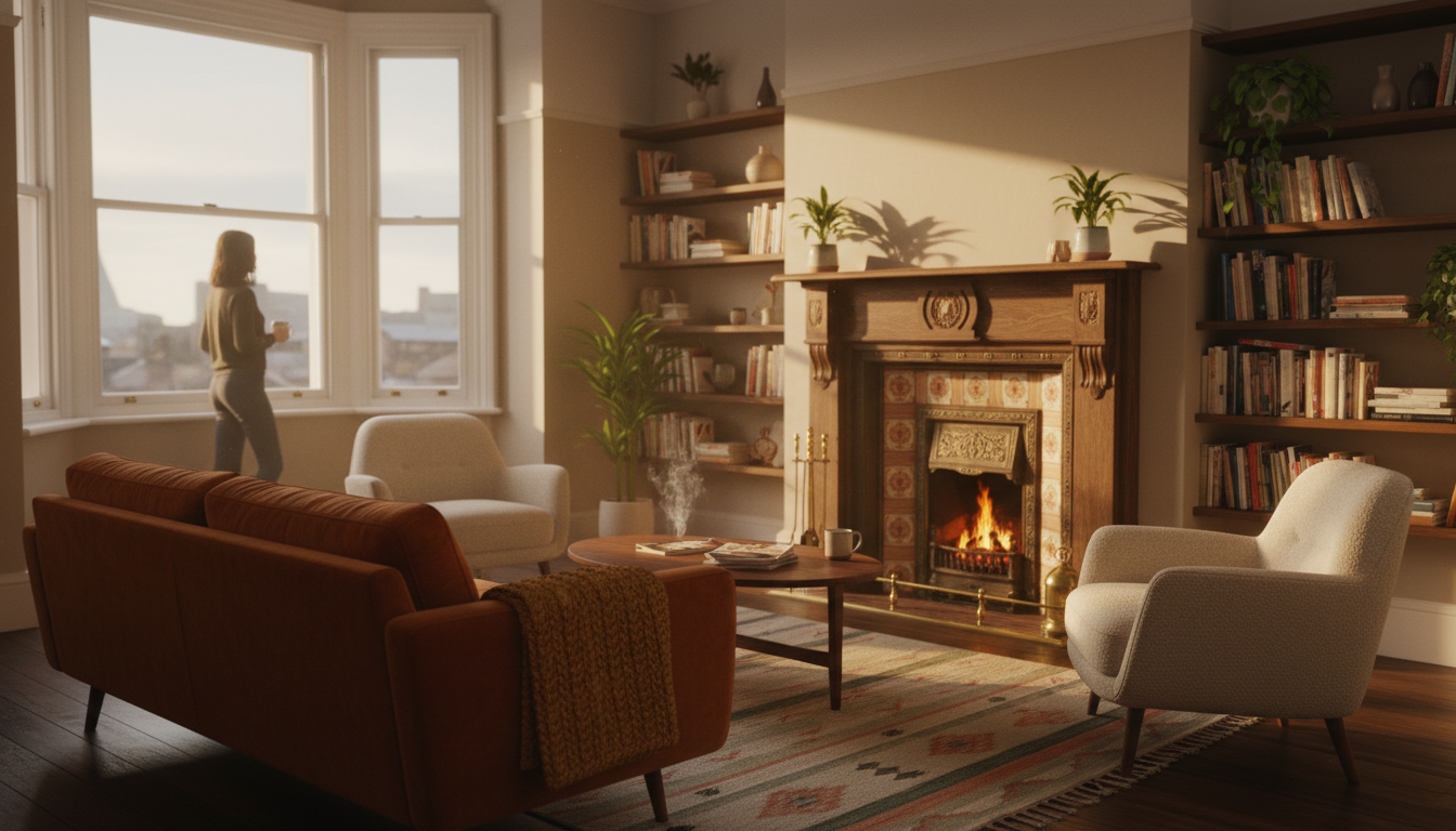 Cozy living room interior in a Victorian Manchester terrace, featuring original fireplace with ornat