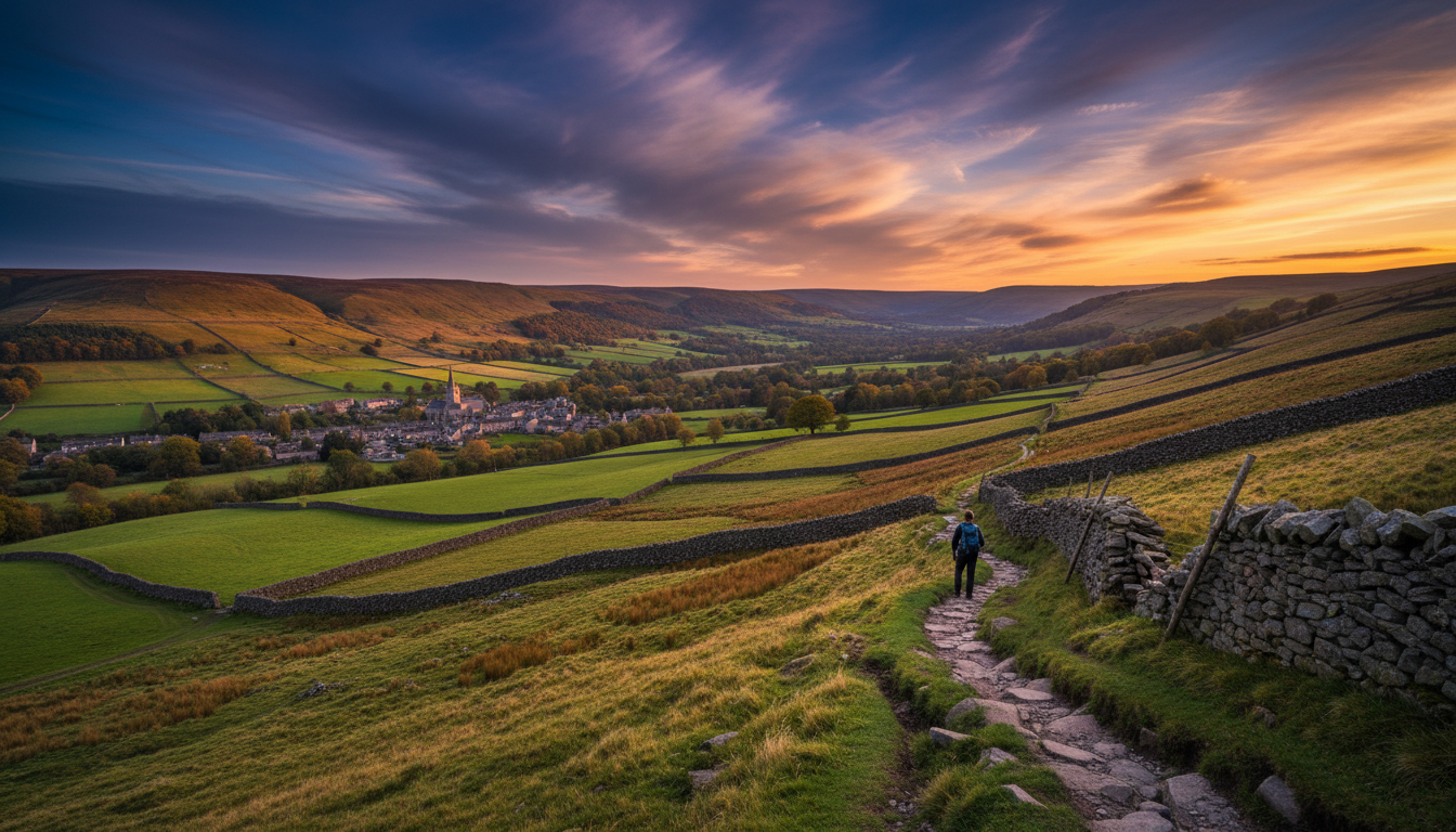 Panoramic view of Peak District hills from a hiking trail, stone walls crossing green fields, dramat