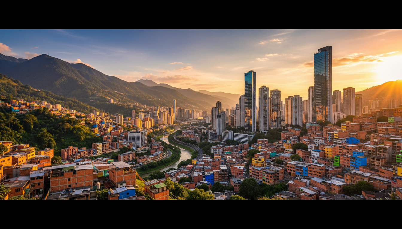panoramic view of Medellns valley at golden hour, showing the contrast between green mountains, mode