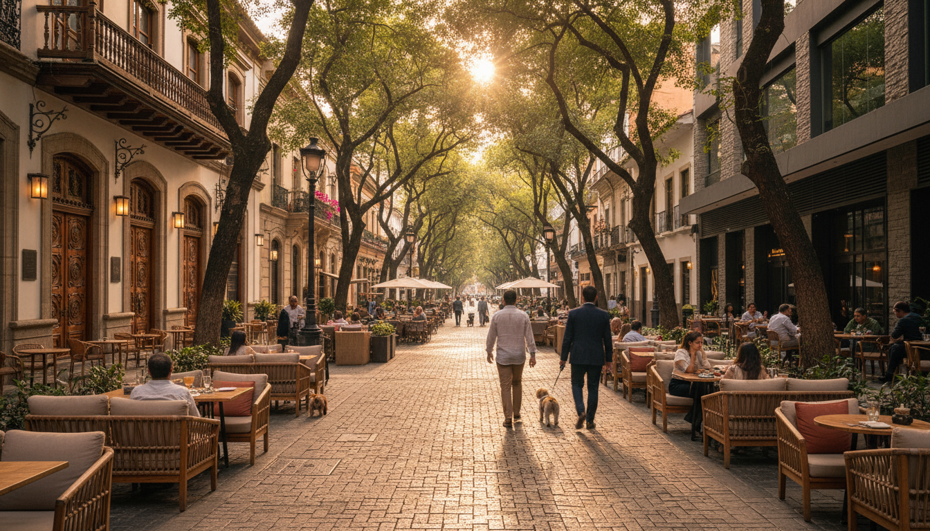 tree-lined street in El Poblados Provenza area with outdoor cafes, well-dressed locals walking small