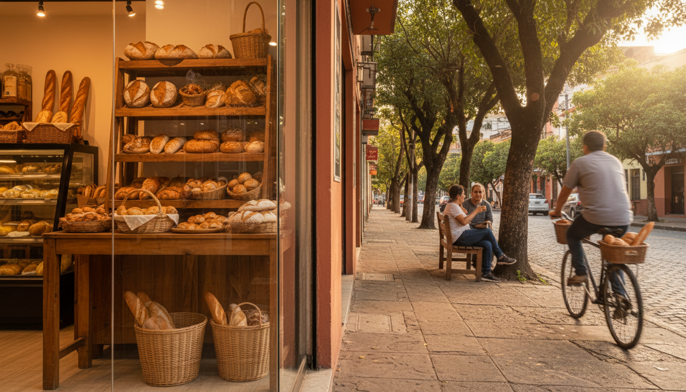 a typical Laureles street scene showing a local panadera with fresh bread displayed, mature trees pr