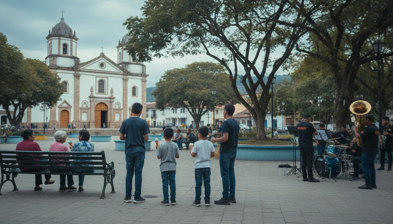 Envigados main plaza on a Sunday afternoon, families eating ice cream, elderly couples on benches, t
