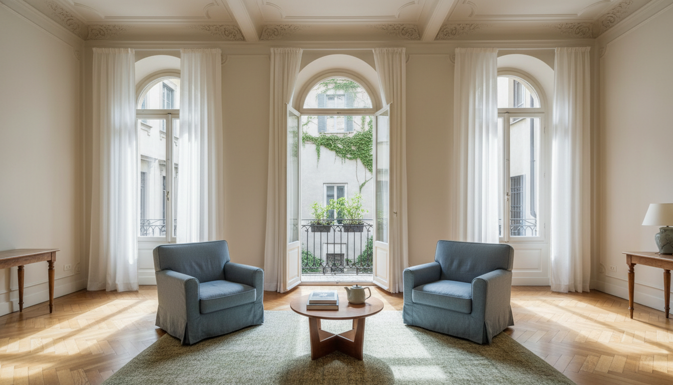 Elegant Milanese apartment interior with high ceilings, comfortable armchairs, morning light streami